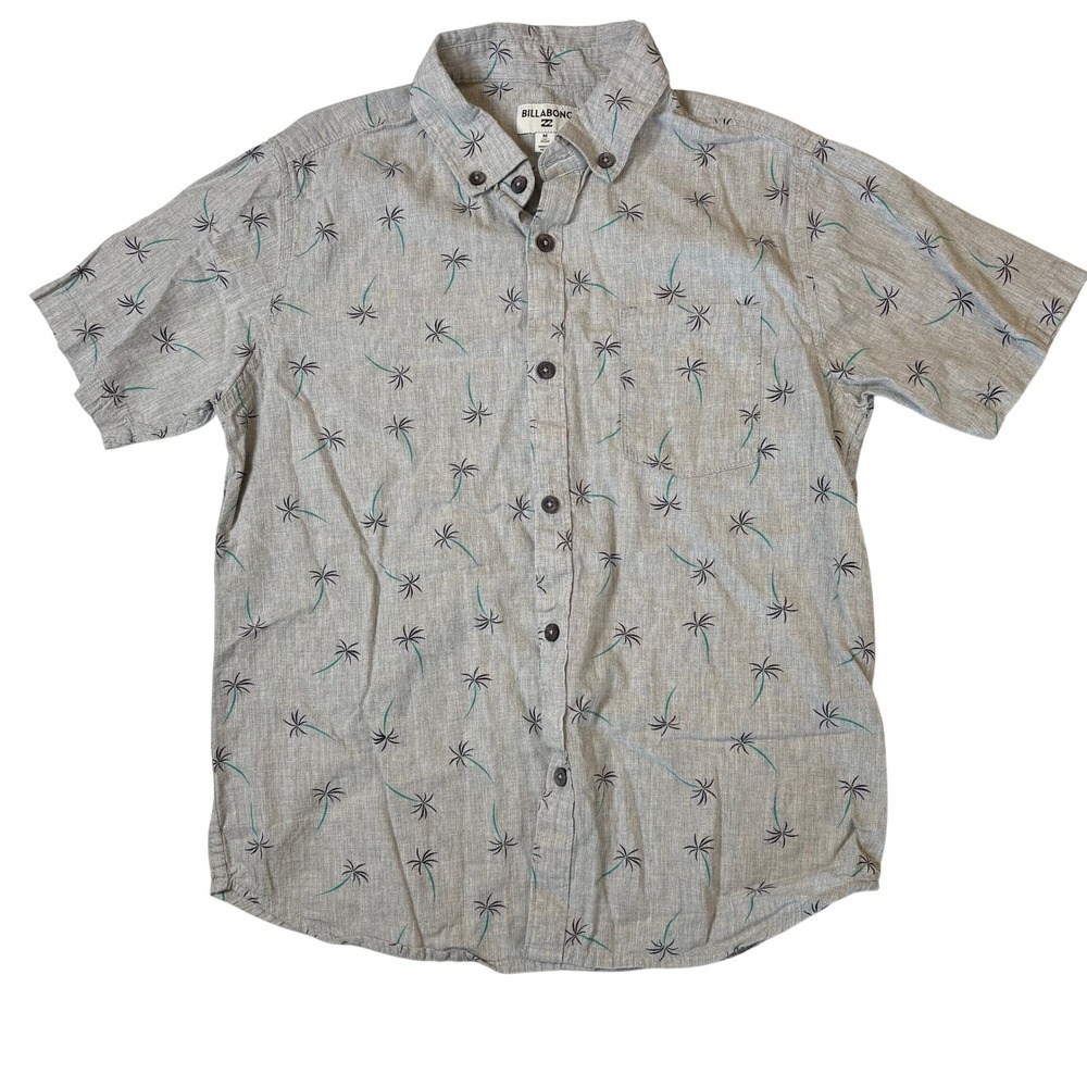 Billabong Mens Grey Palm Tree Print Short Sleeve Button Down Shirt Size Medium‎